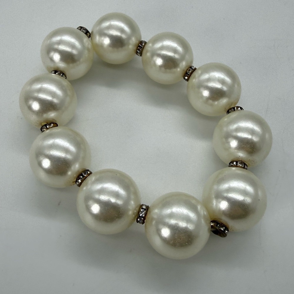 Vintage Chunky Big Large Faux Pearl Sparkly Stretch Bracelet Oversized 80s Glam